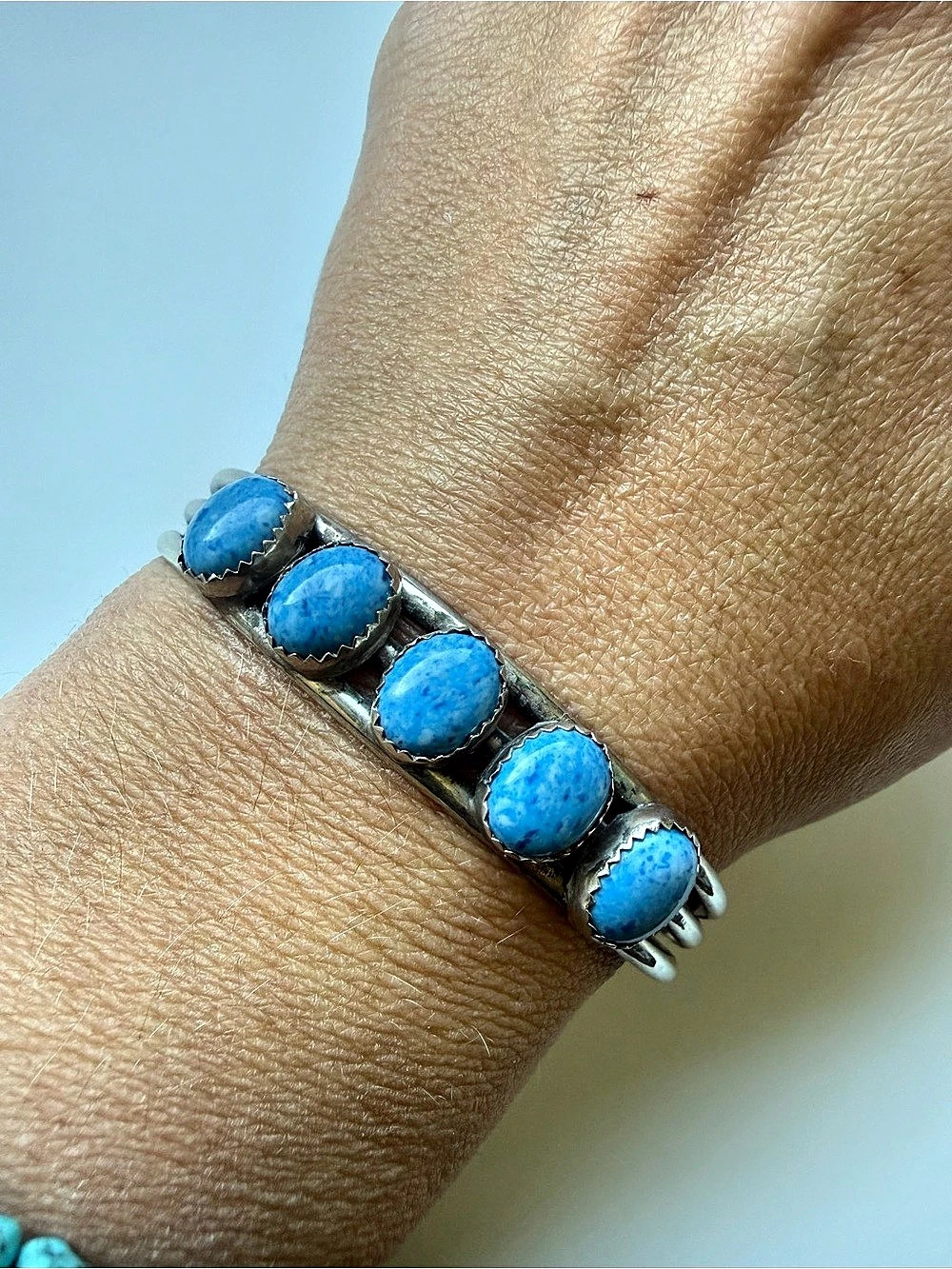 6.5” Denim Lapis Style Five Stone Silver Tone Cuff Bracelet